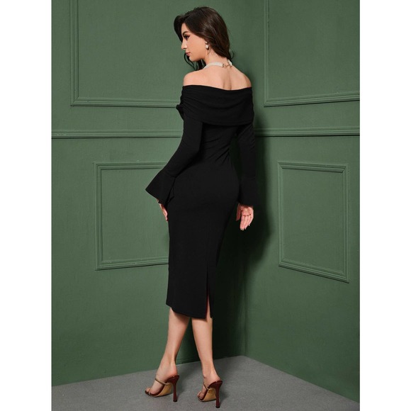 Foldover Off the Shoulder Flounce Sleeve Bodycon midi dress maroon burgundy red - Picture 7 of 11